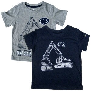 navy and heather gray toddler short sleeve t-shirts with excavator, Penn State, and Athletic Logo